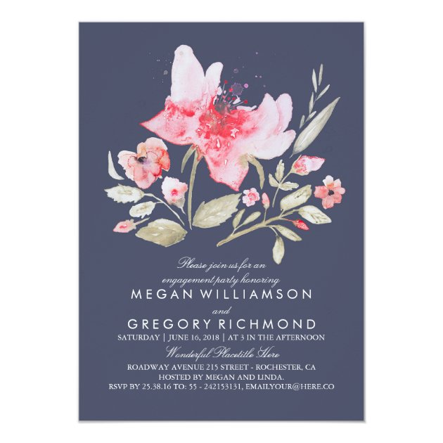 Floral Watercolor Botanical Navy Engagement Party Invitation
