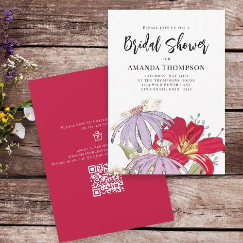 Floral Watercolor Bouquet Bridal Shower QR Code Invitation