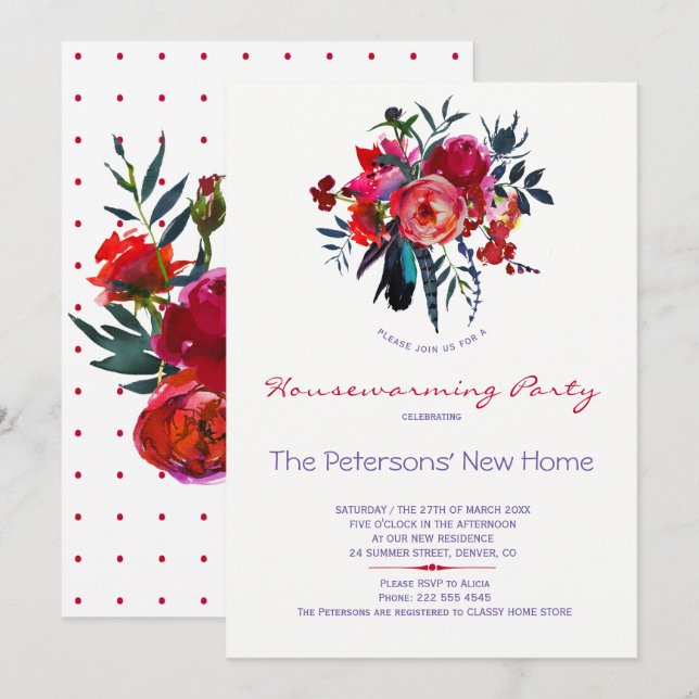 Floral watercolor bouquet housewarming party invitation (Front/Back)
