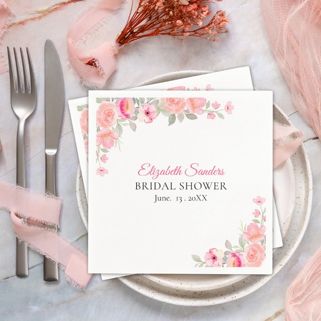 Floral Watercolor Bridal Shower | Pink Rose Party  Napkins (Creator Uploaded)