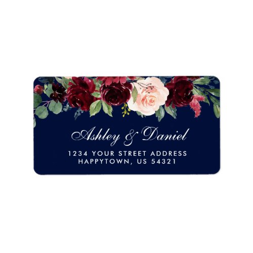 Floral Watercolor Burgundy Blue Wedding Address Label