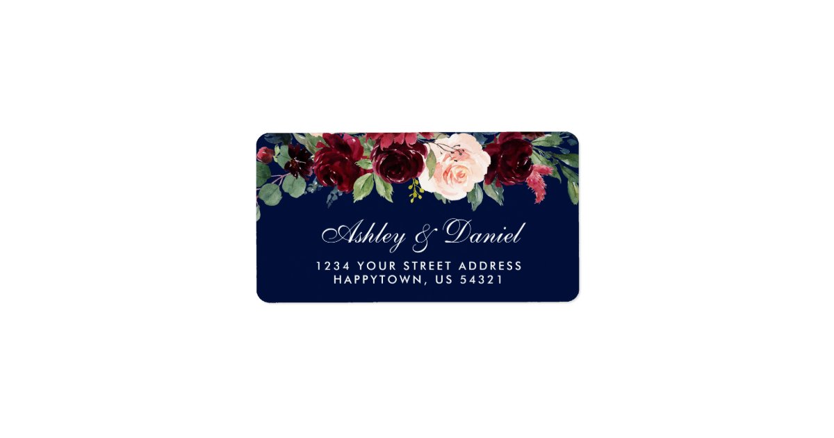 Floral Watercolor Burgundy Blue Wedding Address Label | Zazzle