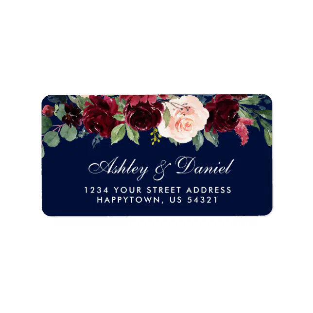 Floral Watercolor Burgundy Blue Wedding Address Label | Zazzle