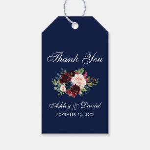Floral Watercolor Burgundy Blue Wedding Thanks Gift Tags