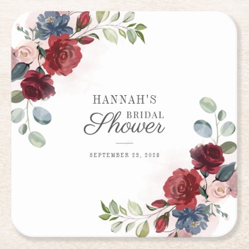 Floral Watercolor Burgundy Blush Bridal Shower Square Paper Coaster