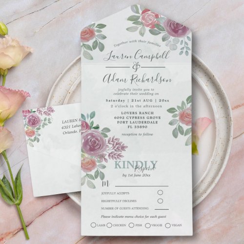 floral Watercolor Burgundy  Burnt Orange Wedding  All In One Invitation