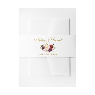 Floral Watercolor Burgundy Gold Wedding Invitation Belly Band