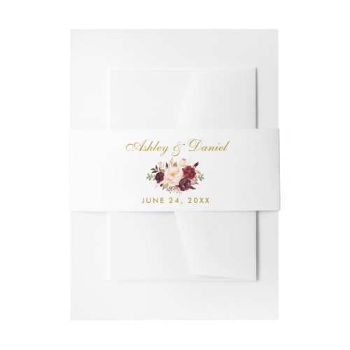 Floral Watercolor Burgundy Gold Wedding Invitation Belly Band