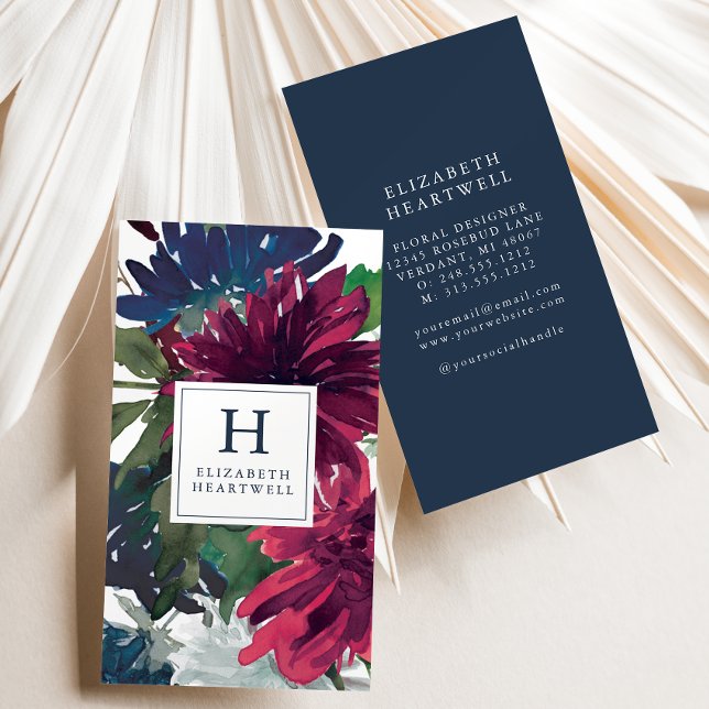 Floral Watercolor Burgundy Navy Blue Monogram Business Card (Creator Uploaded)