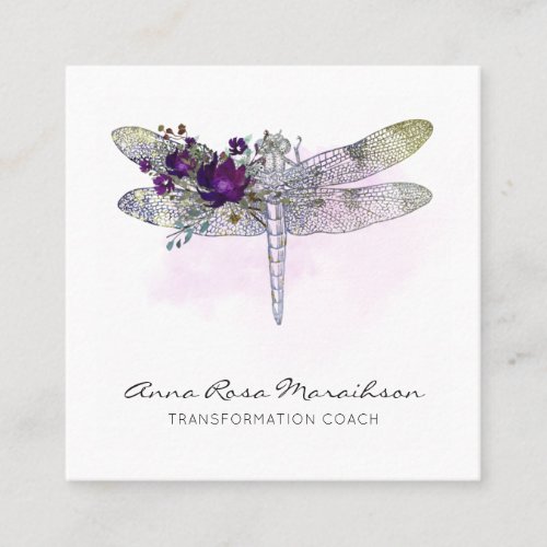  Floral Watercolor Burgundy Pink  Dragonfly   Square Business Card