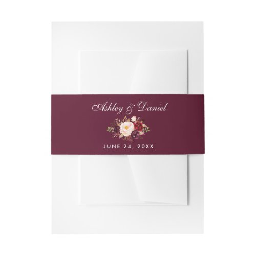 Floral Watercolor Burgundy Wedding Invitation Belly Band