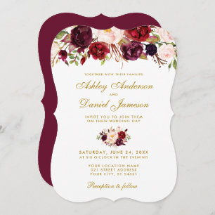 Floral Watercolor Burgundy Wedding Invitation Gold