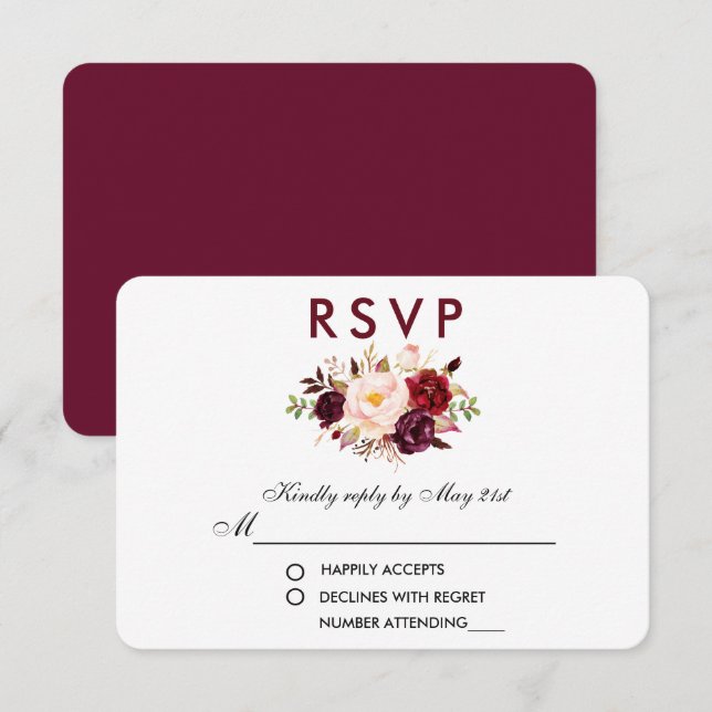 Floral Watercolor Burgundy Wedding RSVP Card (Front/Back)