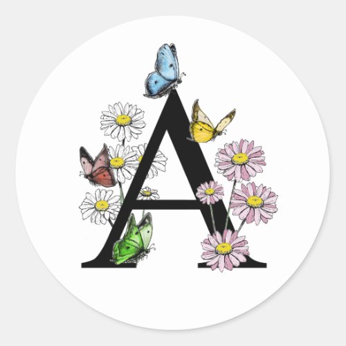 Floral Watercolor Butterfly Monogram Letter A  Classic Round Sticker