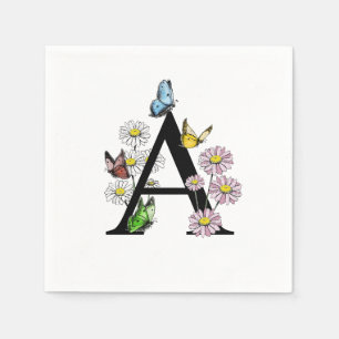 Floral Watercolor Butterfly Monogram Letter A Napkins