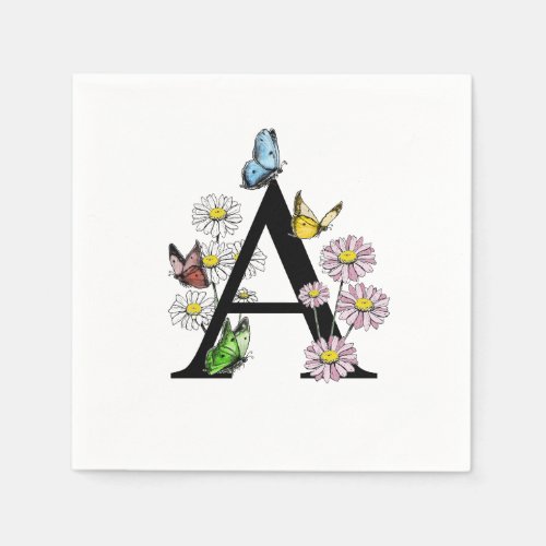Floral Watercolor Butterfly Monogram Letter A   Napkins