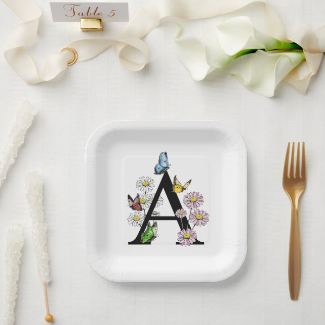 Floral Watercolor Butterfly Monogram Letter A    Paper Plates (Wedding)