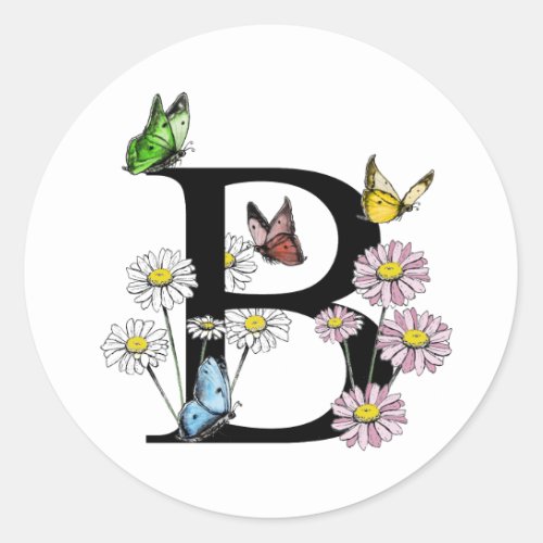 Floral Watercolor Butterfly Monogram  Letter B   Classic Round Sticker