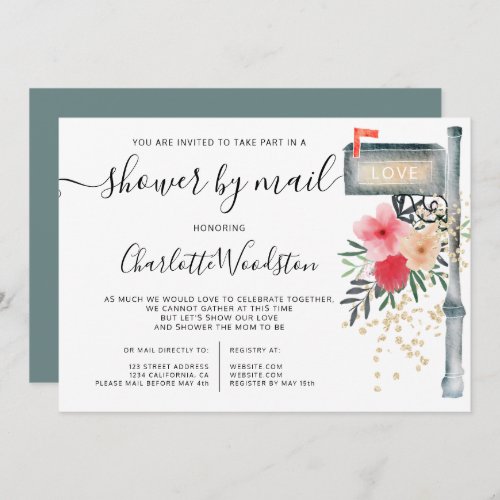 Floral watercolor cancelled shower by mail box invitation