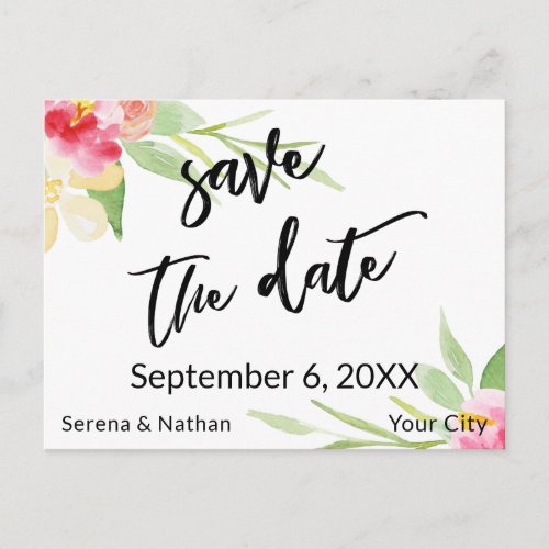 Floral Watercolor Casual Handwriting Save the Date Announcement Postcard