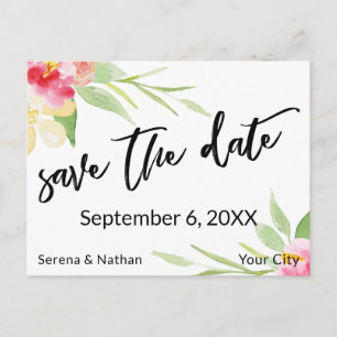 Floral Watercolor Casual Handwriting Save the Date Announcement Postcard