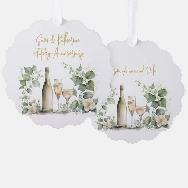 Floral Watercolor Champagne Happy Anniversary Ornament Card (Front/Back)