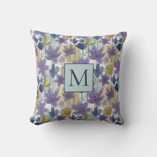 floral Watercolor Colorful Pattern Monogram Throw Pillow