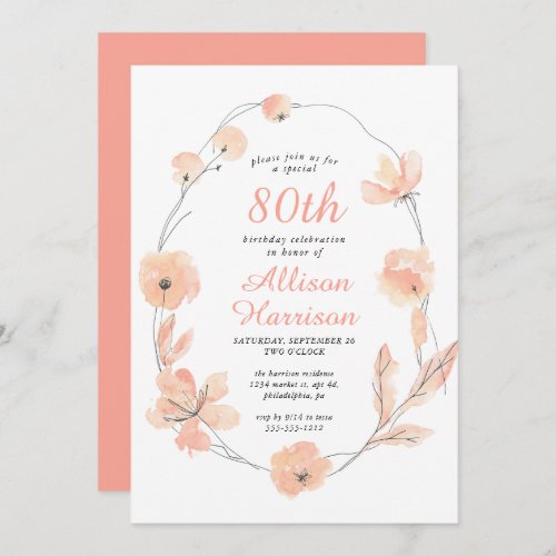 Floral Watercolor Coral 80th Birthday Party Invitation