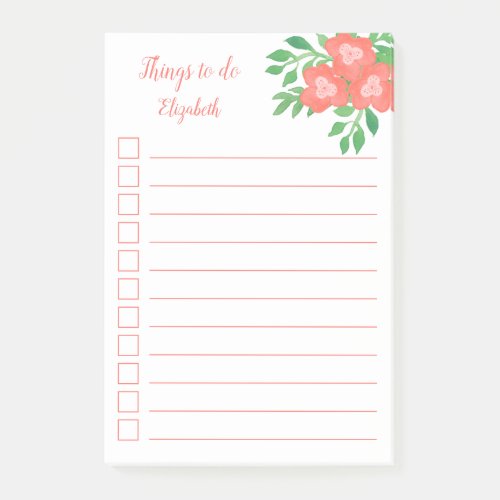 Floral Watercolor Coral Flowers Lined To Do List Post_it Notes