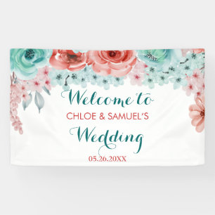 Floral Watercolor Coral Pink Aqua Wedding Backdrop Banner