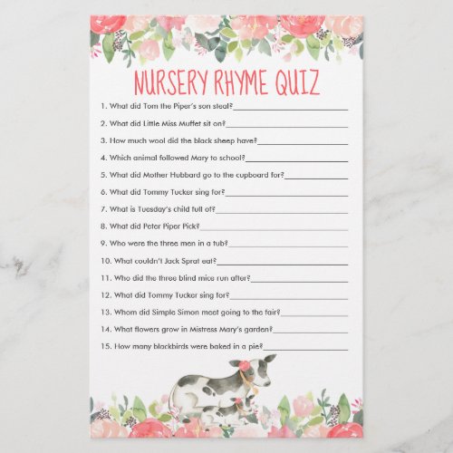 Floral Watercolor Cows Farm Nursery Rhyme Quiz