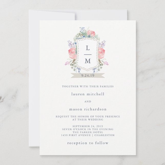 Floral Watercolor Crest Wedding Invitation (Front)