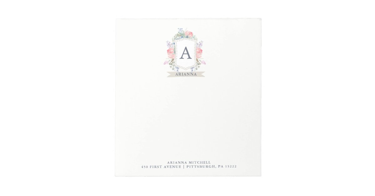 Floral Watercolor Crest with Monogram Notepad | Zazzle