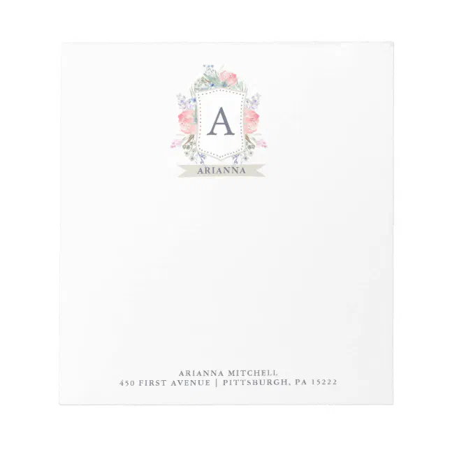 Floral Watercolor Crest with Monogram Notepad | Zazzle