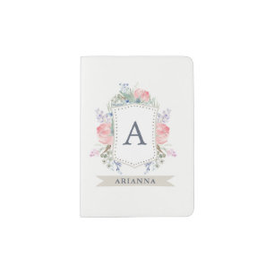 Floral Watercolor Crest with Monogram Passport Holder