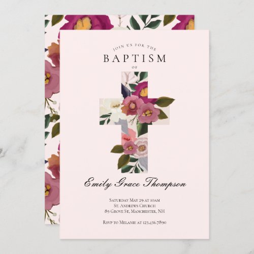 Floral Watercolor Cross Baby 1st Birthday Baptism Invitation