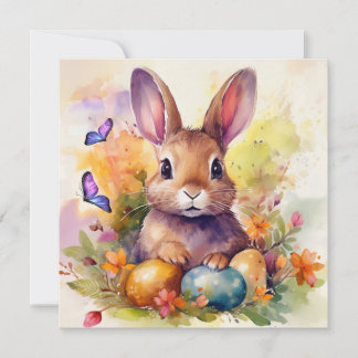 Floral Watercolor Cute Easter Bunny  Holiday Card