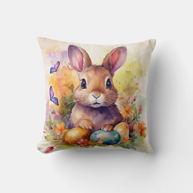 Floral Watercolor Cute Easter Bunny  Throw Pillow (Front)