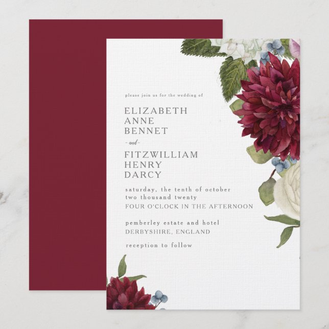 Floral Watercolor Dahlia Hydrangea Wedding Invitation (Front/Back)