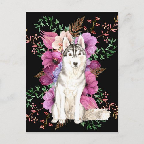 Floral Watercolor Dog Art Siberian Husky Postcard