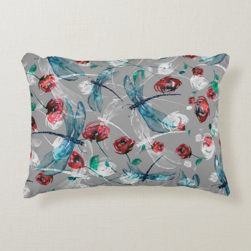 Floral Watercolor Dragonfly Poppy Vintage Accent Pillow