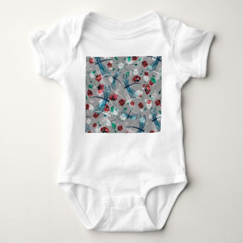 Floral Watercolor Dragonfly Poppy Vintage Baby Bodysuit