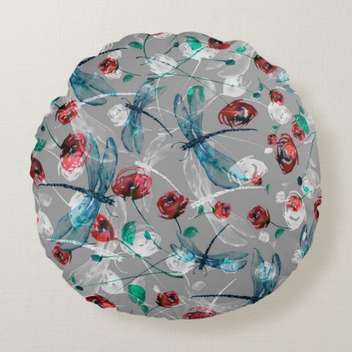 Floral Watercolor Dragonfly Poppy Vintage Round Pillow
