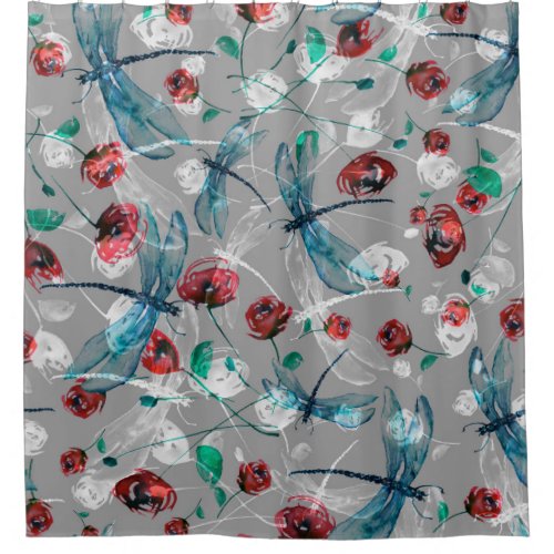 Floral Watercolor Dragonfly Poppy Vintage Shower Curtain