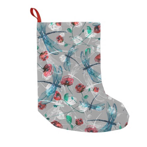 Floral Watercolor Dragonfly Poppy Vintage Small Christmas Stocking