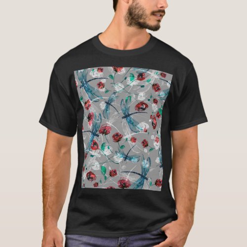 Floral Watercolor Dragonfly Poppy Vintage T_Shirt