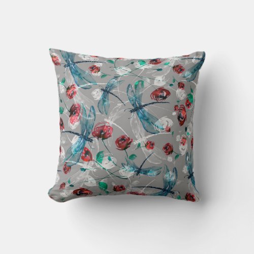 Floral Watercolor Dragonfly Poppy Vintage Throw Pillow