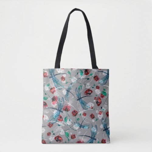 Floral Watercolor Dragonfly Poppy Vintage Tote Bag