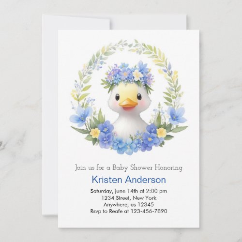 Floral Watercolor Duckling Cute Boy Baby Shower Invitation