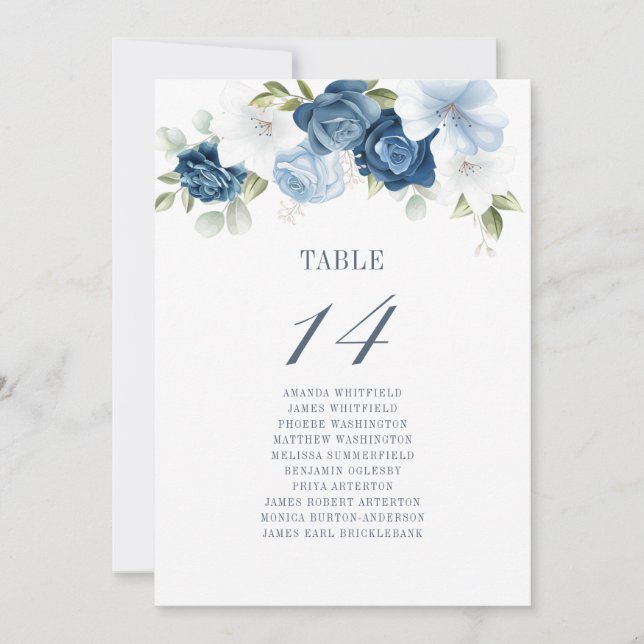 Floral Watercolor Dusty Blue Wedding Table Number (Front)
